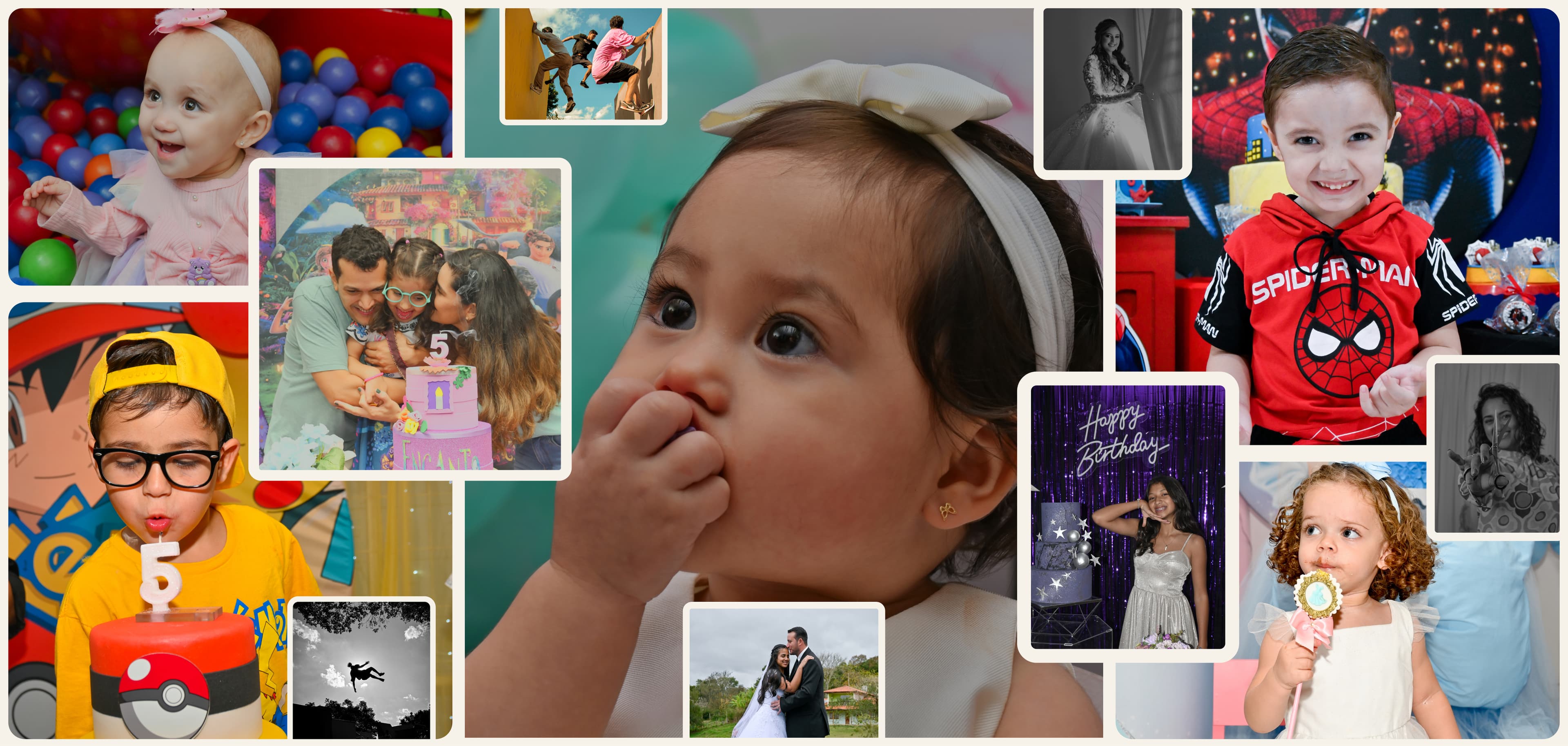 Colagem horizontal de fotografias de eventos e retratos — crianças e famílias em festas e momentos familiares.